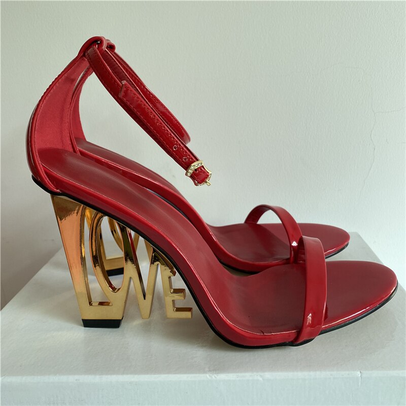 Design Letter-Love Heel Gladiator Sandals Women Sexy One-strap Strange High Heels Fretwork Heel Summer Party Shoes Red Patent Leather
