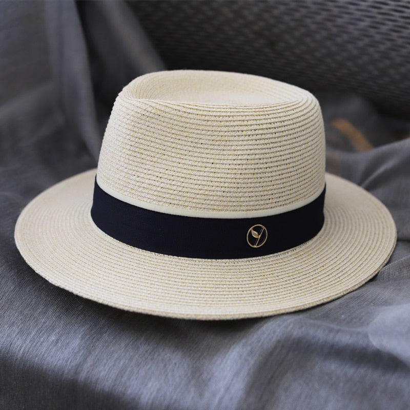 Designer New Natural Panama Soft Shaped Straw Hat Summer Women/Men Wide Brim Beach Sun Cap UV Protection Fedora Birthday Gift milk white navy blue