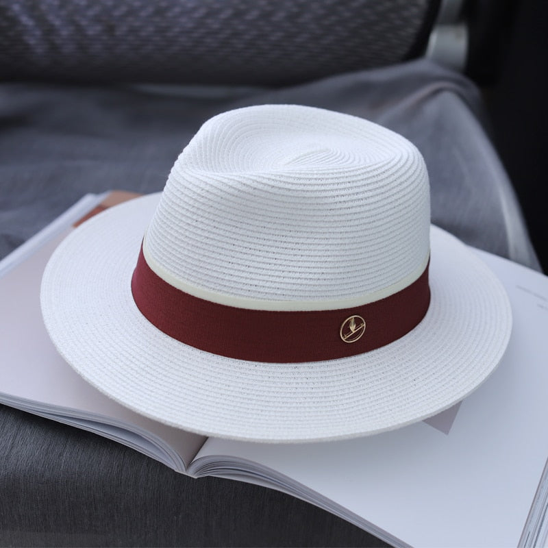 Designer New Natural Panama Soft Shaped Straw Hat Summer Women/Men Wide Brim Beach Sun Cap UV Protection Fedora Birthday Gift wine red belt