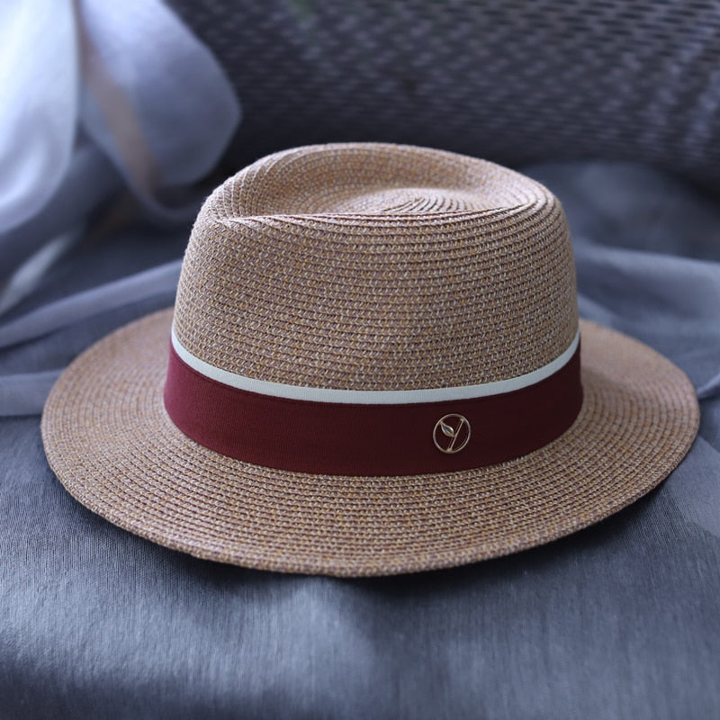 Designer New Natural Panama Soft Shaped Straw Hat Summer Women/Men Wide Brim Beach Sun Cap UV Protection Fedora Birthday Gift rubber red