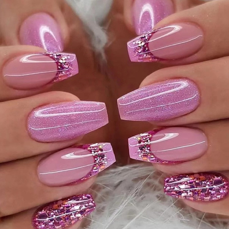 Detachable Manicure Wearable Nail Art Press On Nails purple Glitter French False Nails Long Coffin Fake Nails Full Cover Tips AA1