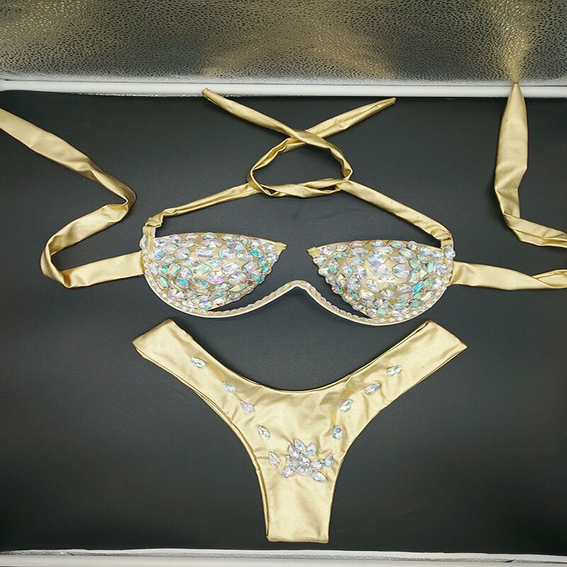 Diamond Bikini Set Sexy Women Solid Color Swimwear Push Up Beachwear Rhinestone Biquini Summer Bathing Suit