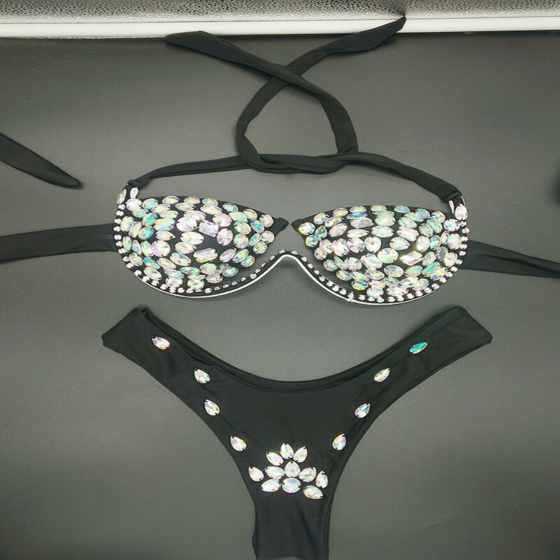 Diamond Bikini Set Sexy Women Solid Color Swimwear Push Up Beachwear Rhinestone Biquini Summer Bathing Suit Black