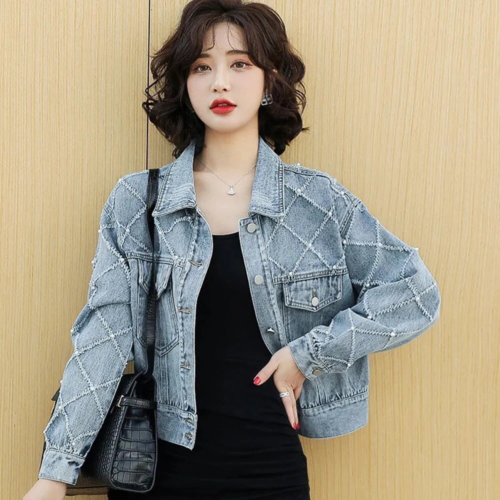 Diamond Pattern Denim Jackets Women Short 2024 Spring New Korean Loose Fashion Jacket Top Casual Winter Jean Jacket Women Top