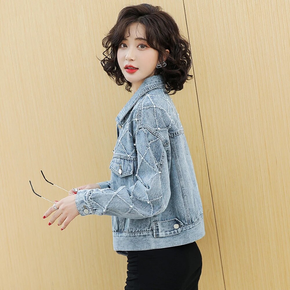 Diamond Pattern Denim Jackets Women Short 2024 Spring New Korean Loose Fashion Jacket Top Casual Winter Jean Jacket Women Top