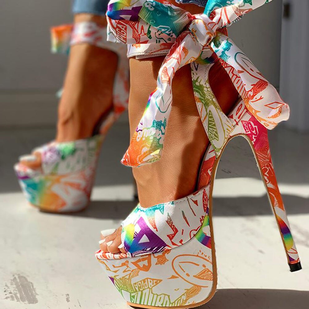 Sexy Shoes Print Super Thin High Heels Shoes Sandals Women Summer Party Platform Ankle-wrap Woman Sandals Female
