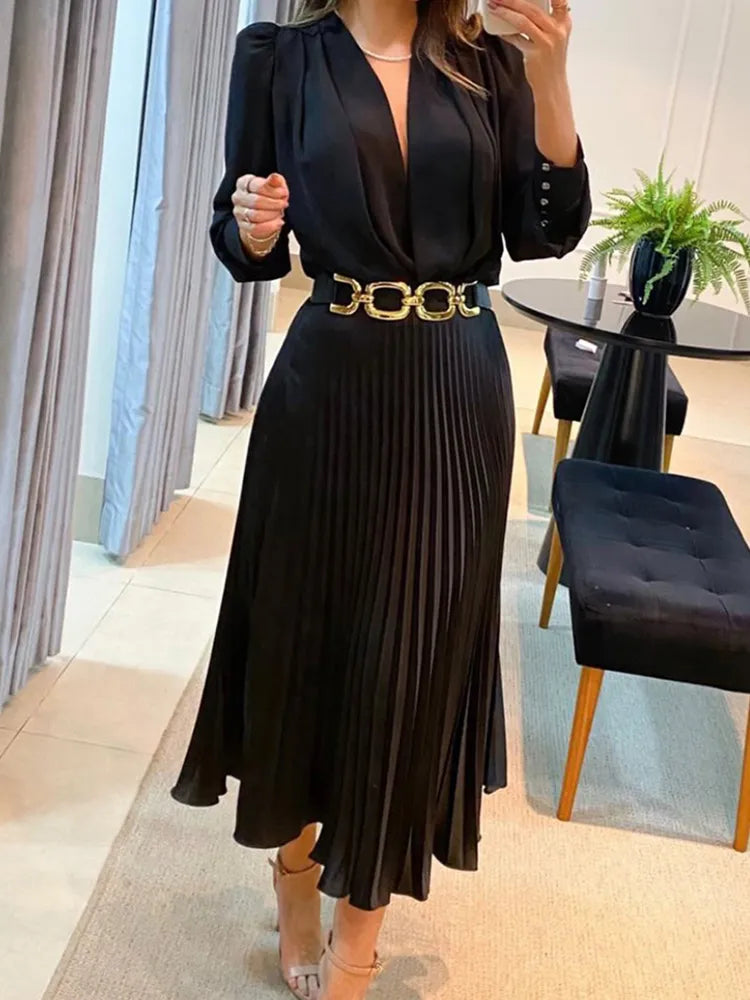 Drauuing Black Ankle Length Dresses Women V Neck Long Sleeve Loose Elegant Office Lady Fold Dresses Women Autumn New Black