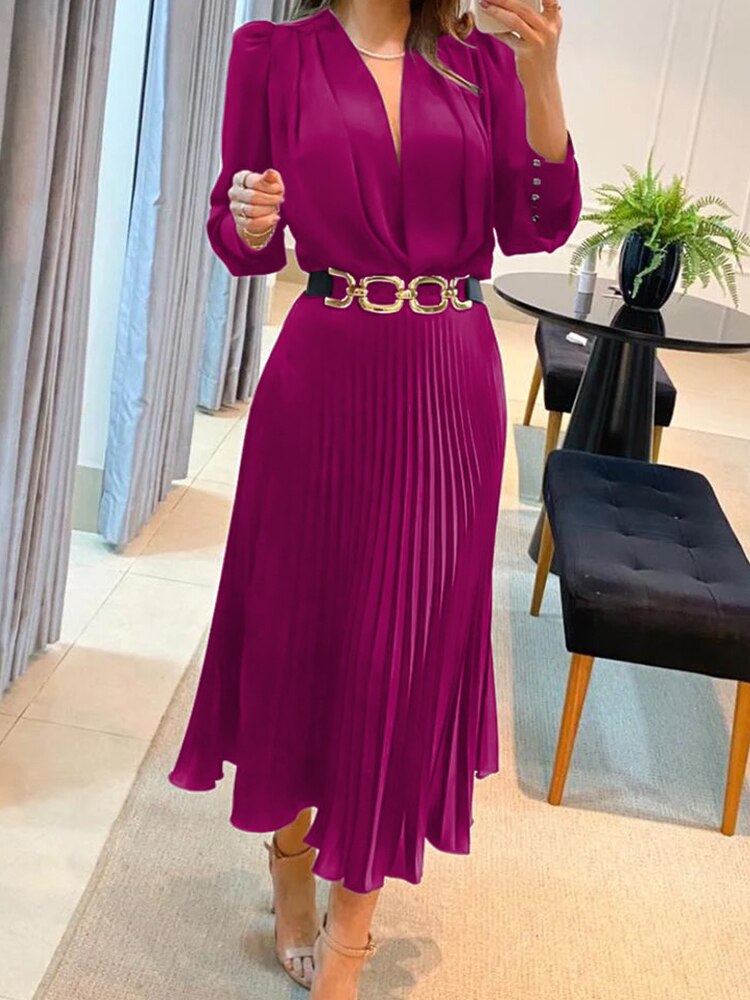 Drauuing Black Ankle Length Dresses Women V Neck Long Sleeve Loose Elegant Office Lady Fold Dresses Women Autumn New Purple