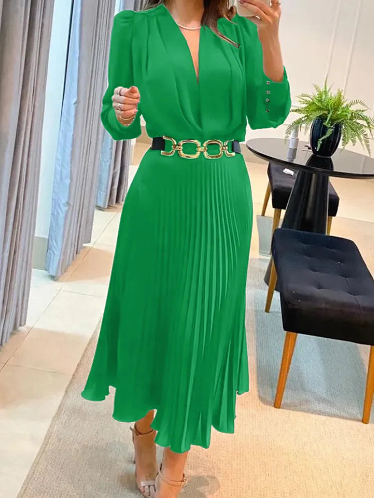 Drauuing Black Ankle Length Dresses Women V Neck Long Sleeve Loose Elegant Office Lady Fold Dresses Women Autumn New Green