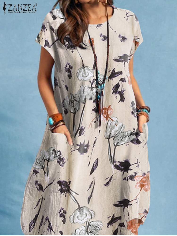 Dress Bohemian Floral Print O-Neck Short Sleeve Sundress Fashion Casual Elegant Holiday