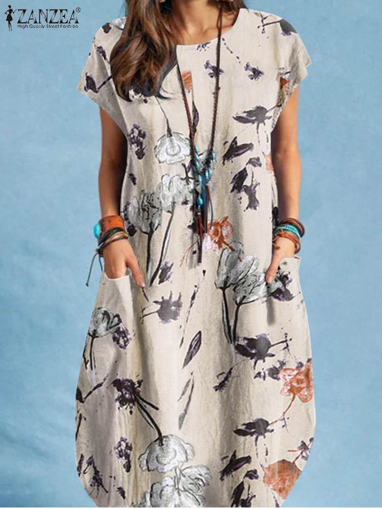 Dress Bohemian Floral Print O-Neck Short Sleeve Sundress Fashion Casual Elegant Holiday Beige