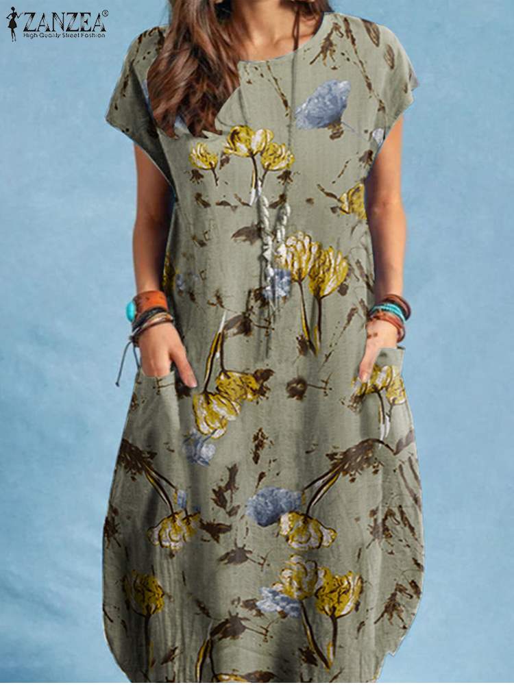 Dress Bohemian Floral Print O-Neck Short Sleeve Sundress Fashion Casual Elegant Holiday Gray