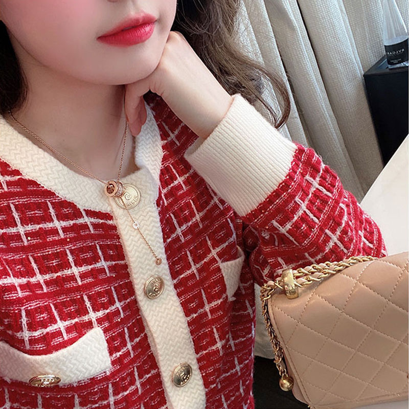 Early Autumn Sweater Women Knitted Cardigan New Year 2024 Spring and Autumn Checker Red Small Fragrant Coat O Neck Sweater Red One Size