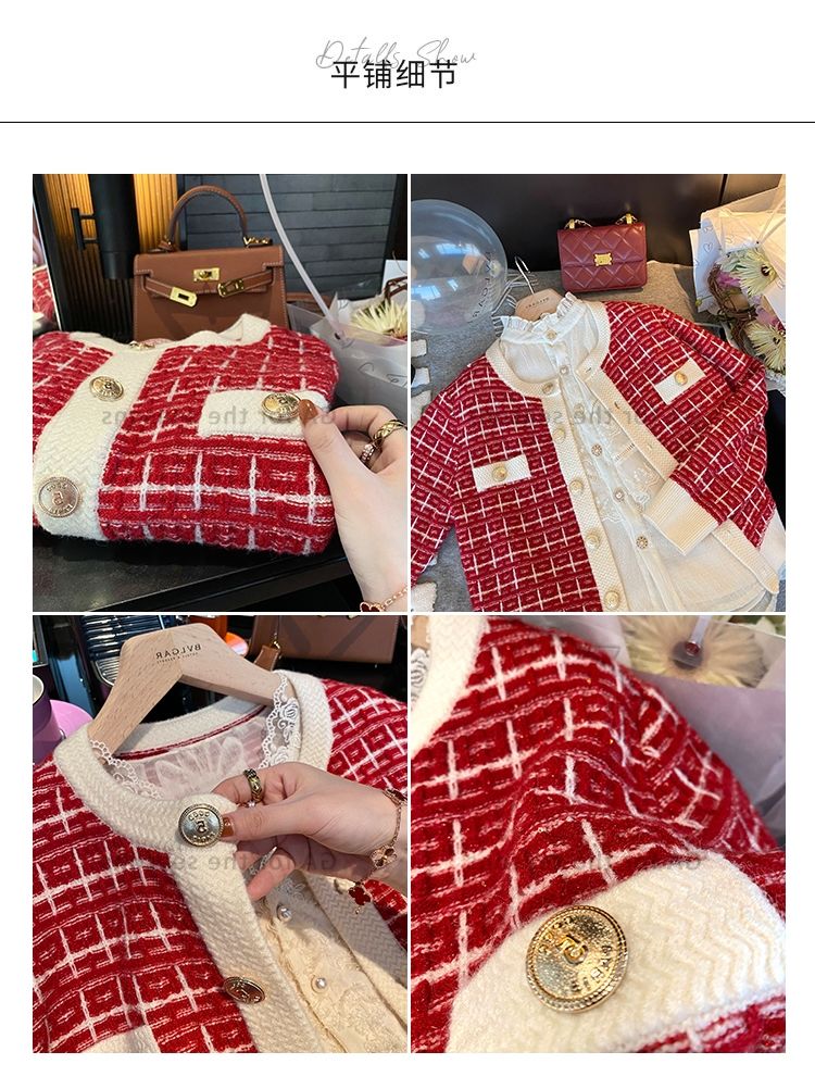 Early Autumn Sweater Women Knitted Cardigan New Year 2024 Spring and Autumn Checker Red Small Fragrant Coat O Neck Sweater
