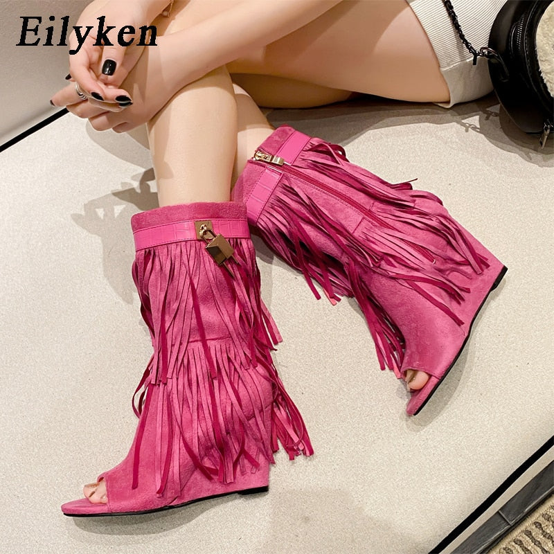 Eilyken Designer Fringe Wedges Boot Sandals Woman High Heels Open Toe Party Prom Shoes Sexy Zipper Female Pumps