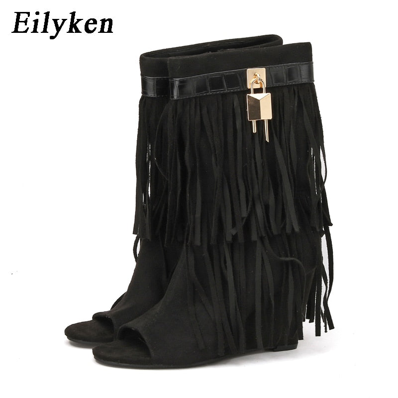 Eilyken Designer Fringe Wedges Boot Sandals Woman High Heels Open Toe Party Prom Shoes Sexy Zipper Female Pumps Black