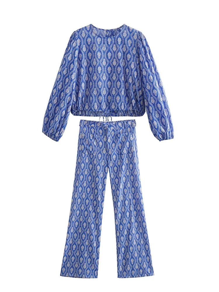 Elegant Blouse Pants Sets Two Pieces Jumpsuits Long Sleeve Retro Blouse Shirts Women Female Suits Autumn Winter Outfit Pajamas Sets