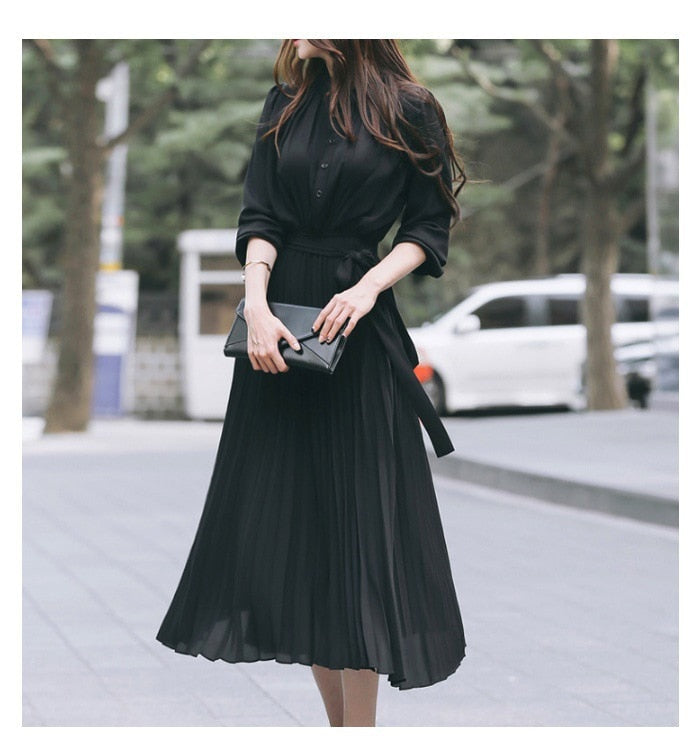 Elegant Chiffon Long Sleeve Shirt Dress Women Belt Lace Up A-line Pleated Maxi Dress Korean Fashion Fall Clothes Streetwear black