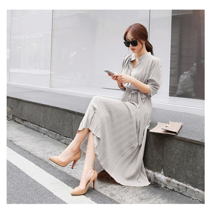 Elegant Chiffon Long Sleeve Shirt Dress Women Belt Lace Up A-line Pleated Maxi Dress Korean Fashion Fall Clothes Streetwear Light grey