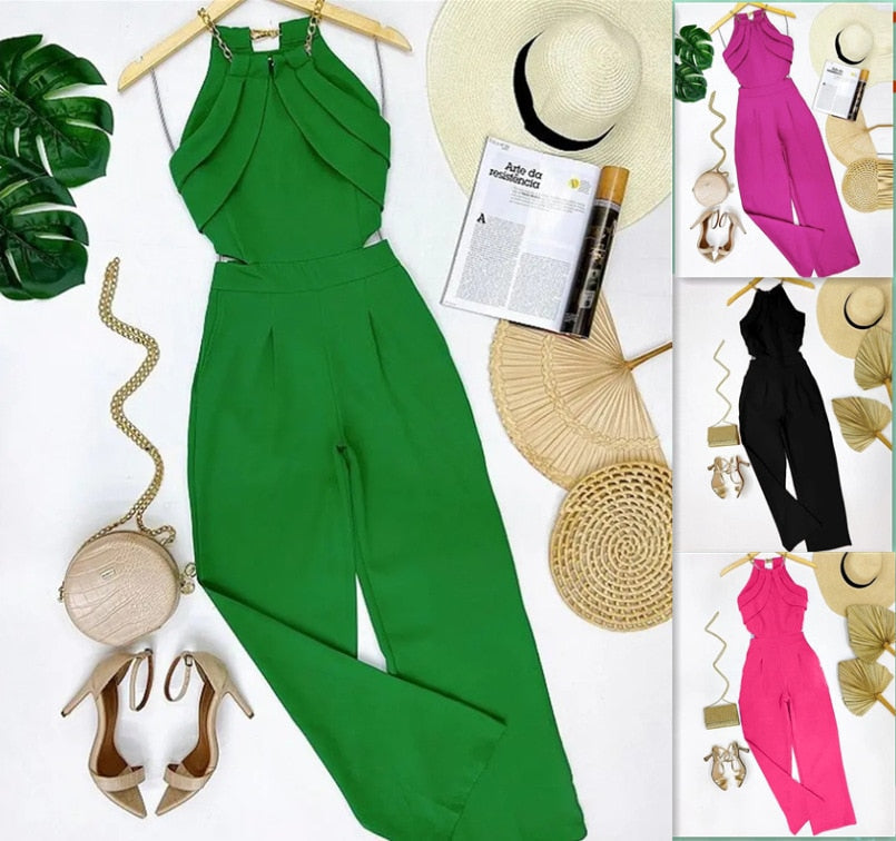 Elegant Europe and America New Solid Fashion Chain Neck Fold Sleeveless Sexy Office Lady Jumpsuit Women 2024 Summer OTTD Romper