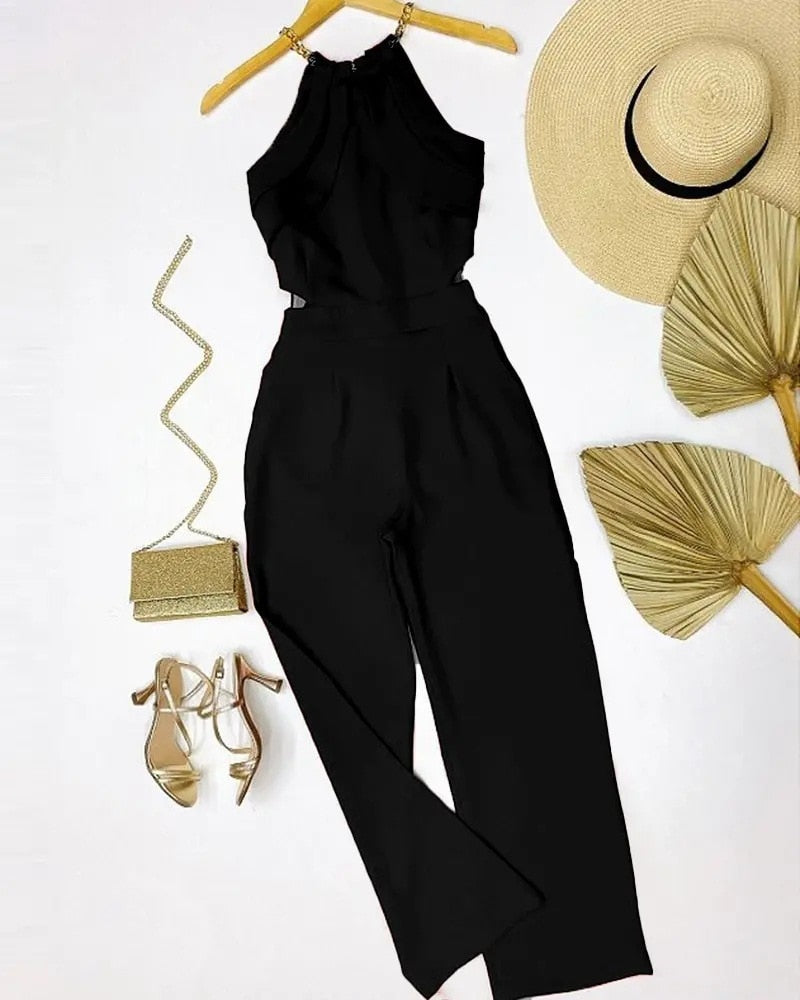 Elegant Europe and America New Solid Fashion Chain Neck Fold Sleeveless Sexy Office Lady Jumpsuit Women 2024 Summer OTTD Romper B