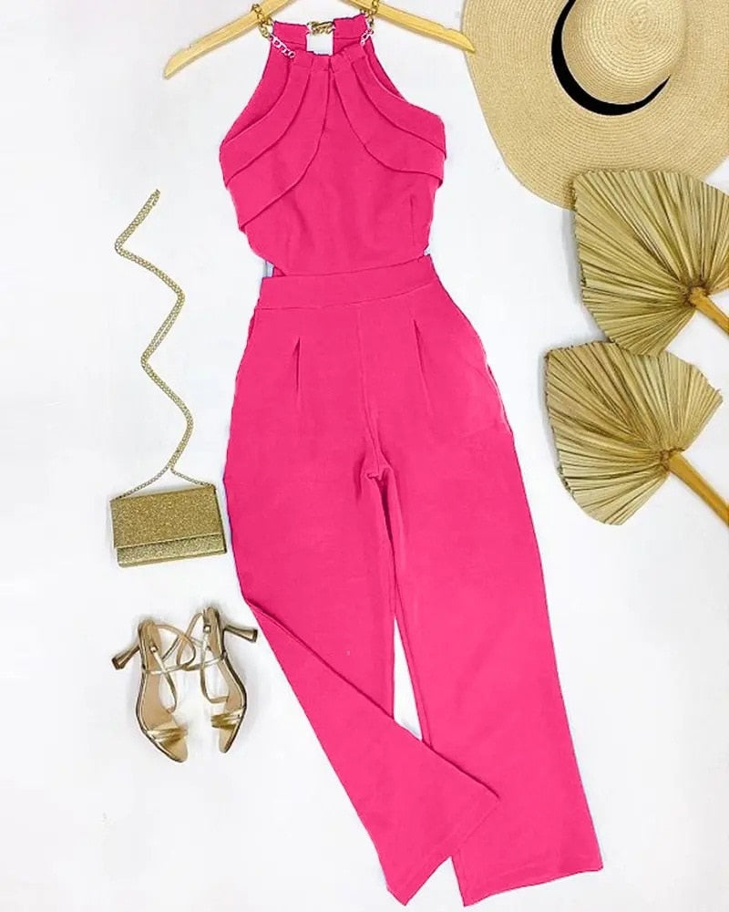 Elegant Europe and America New Solid Fashion Chain Neck Fold Sleeveless Sexy Office Lady Jumpsuit Women 2024 Summer OTTD Romper D