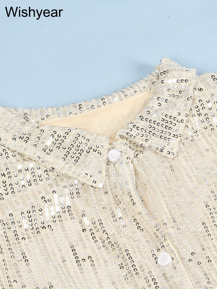 Elegant Evening Party Short Shirt Dress for Women Outfit Luxury Sequin Long Sleeve Spring Fall Birthday Club Dresses Vestidos