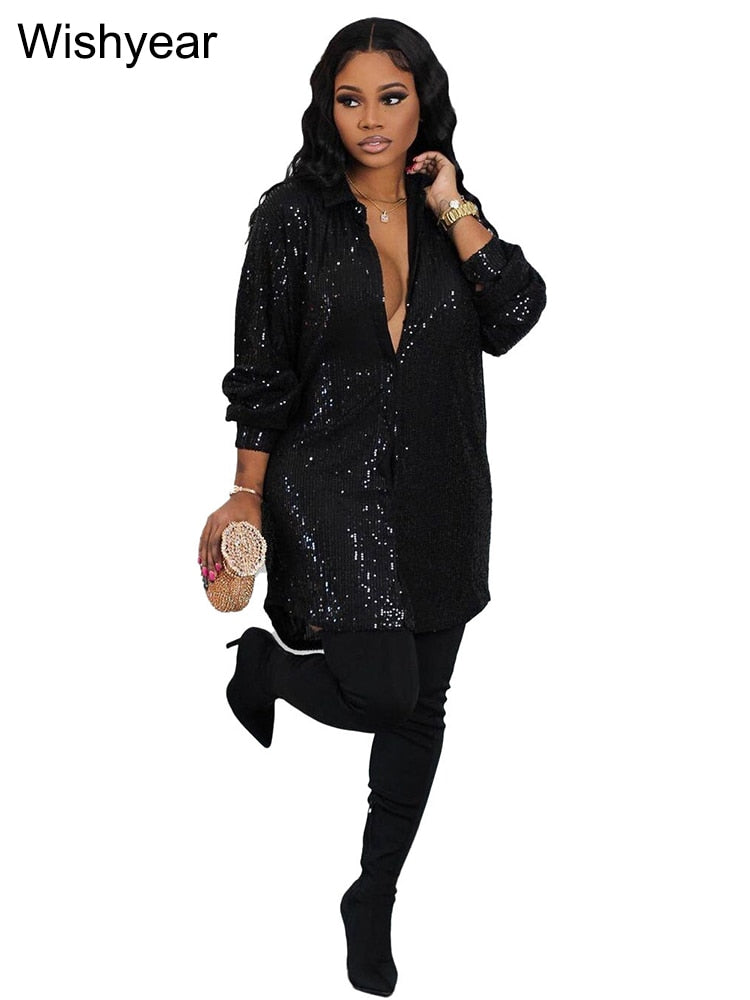 Elegant Evening Party Short Shirt Dress for Women Outfit Luxury Sequin Long Sleeve Spring Fall Birthday Club Dresses Vestidos Black