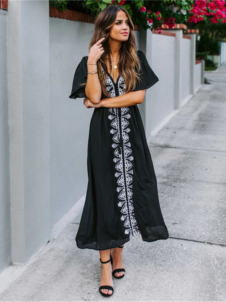 Elegant Flare Sleeve V-Neck High Waist Summer Beach Dress Plus Size Women Street Wear Red Embroidered Midi Dress Black One Size