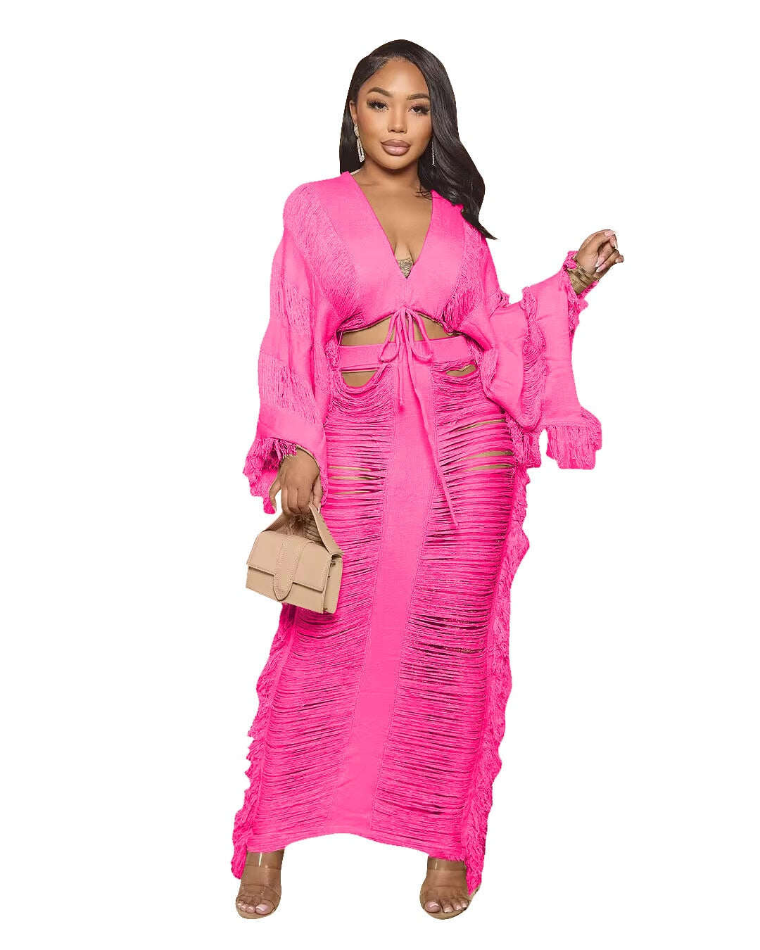 Elegant Hollow Out Hole Tassel 2 Piece Set Women Sexy Lace Up V Neck Crop Top + Long Skirts Skinny Club Party Beach Outfits 2024 fuchsia set