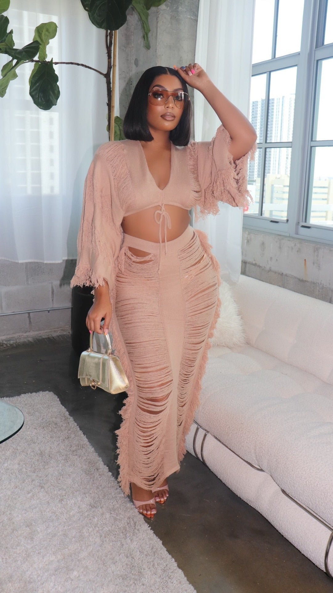 Elegant Hollow Out Hole Tassel 2 Piece Set Women Sexy Lace Up V Neck Crop Top + Long Skirts Skinny Club Party Beach Outfits 2024