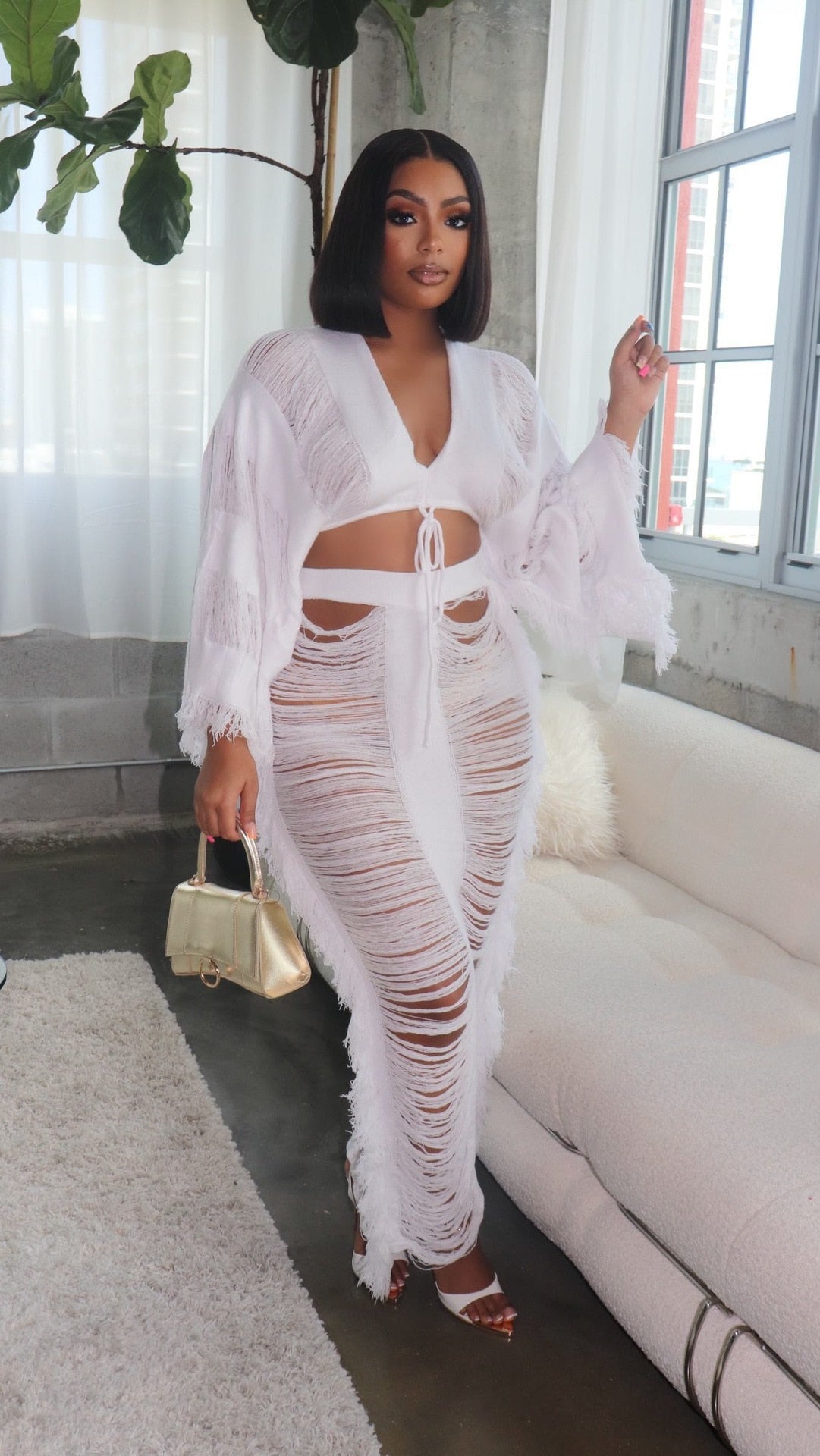 Elegant Hollow Out Hole Tassel 2 Piece Set Women Sexy Lace Up V Neck Crop Top + Long Skirts Skinny Club Party Beach Outfits 2024