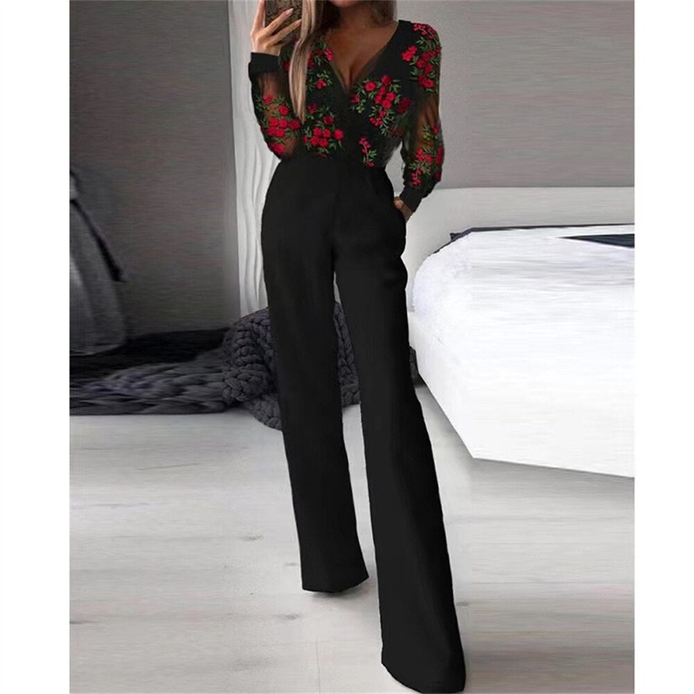 Elegant Jumpsuit Women 2024 Casual V Neck Mesh Hollow Embroidery Long Sleeve Overalls Female Slim Office Party Jumpsuit Black