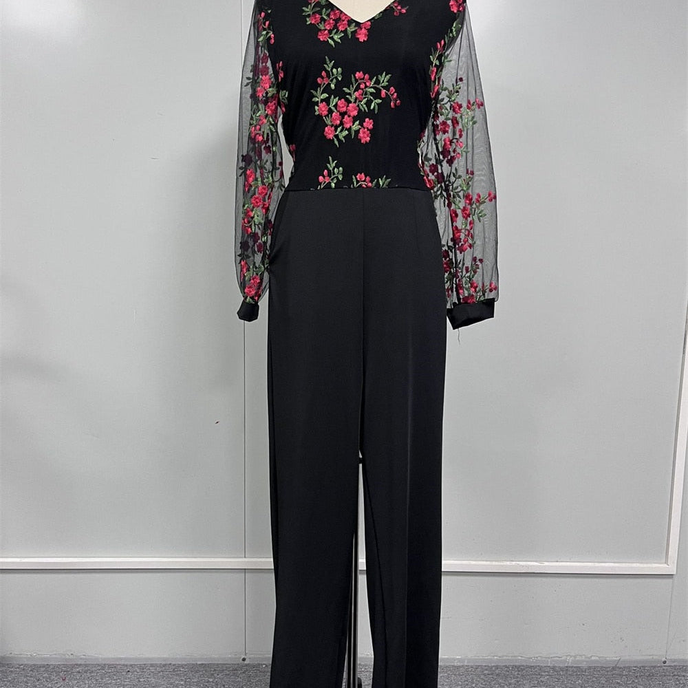 Elegant Jumpsuit Women 2024 Casual V Neck Mesh Hollow Embroidery Long Sleeve Overalls Female Slim Office Party Jumpsuit