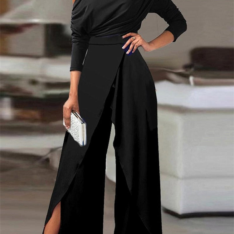 Elegant Jumpsuits for Women 2024 Spring New Plain Elegant Office Lady Loose Ruched Cold Shoulder Split Hem Wide Leg Jumpsuit Black