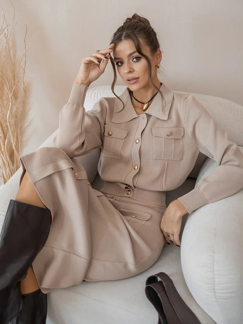 Elegant Knit Blazer Skirt Set Women Black White Brown 2 Piece Matching Set Autumn Winter Vintage Knitted Two Piece Women Sets Khaki One Size