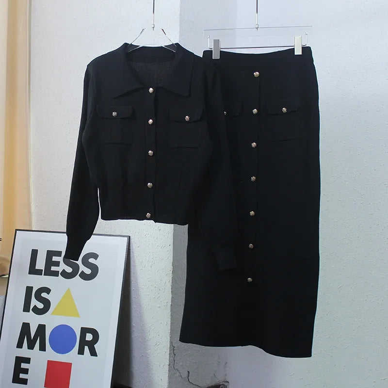 Elegant Knit Blazer Skirt Set Women Black White Brown 2 Piece Matching Set Autumn Winter Vintage Knitted Two Piece Women Sets Black One Size