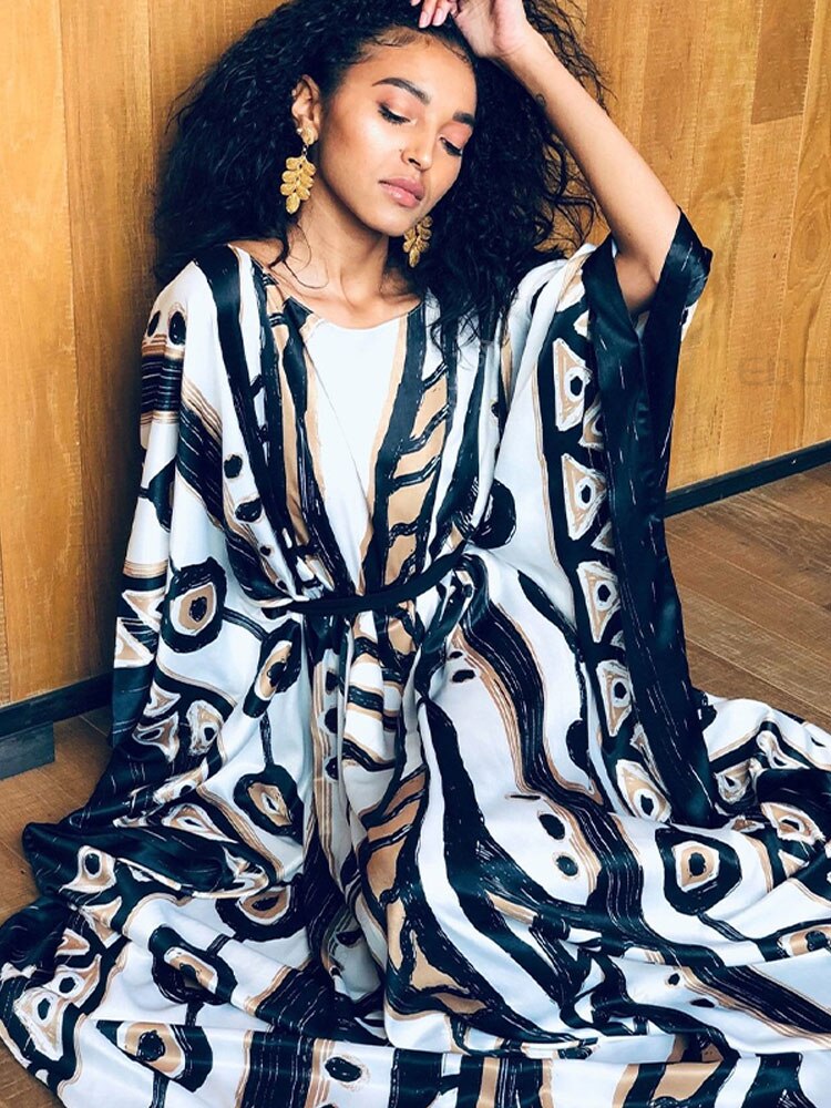 Elegant Long Kaftan Printed V-neck Batwing Sleeve Street Wear Loose Maxi Dress Women Plus Size Bat sleeve Party Dress