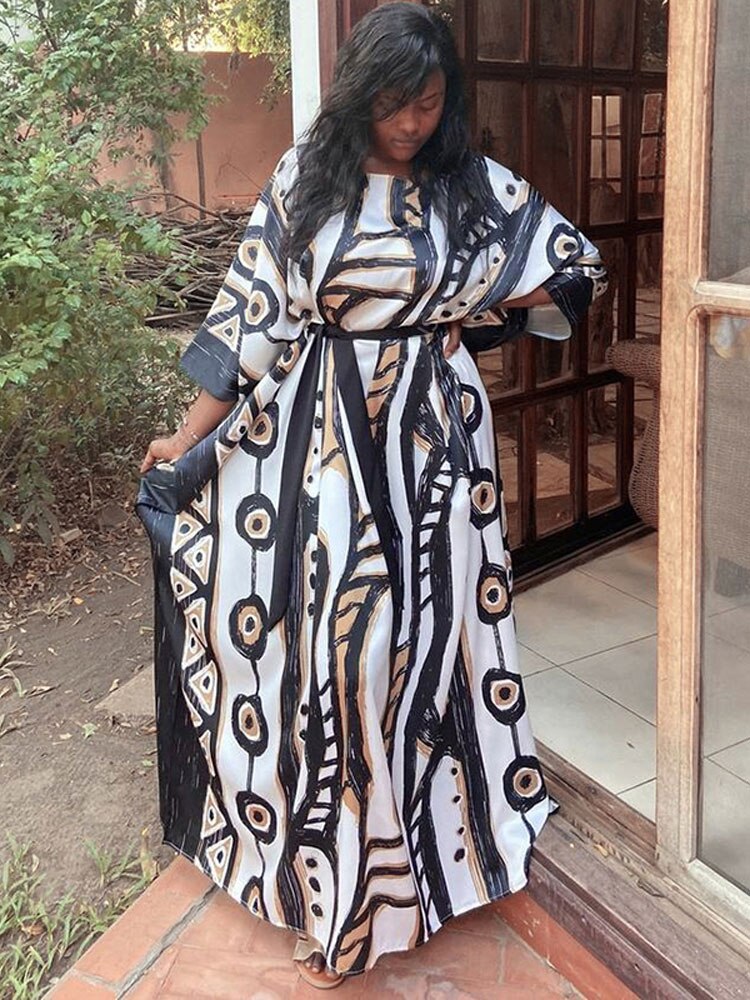 Elegant Long Kaftan Printed V-neck Batwing Sleeve Street Wear Loose Maxi Dress Women Plus Size Bat sleeve Party Dress Default Title