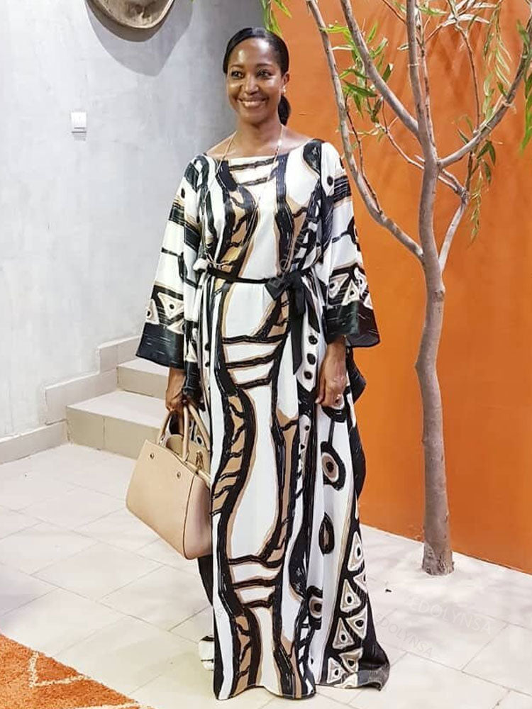 Elegant Long Kaftan Printed V-neck Batwing Sleeve Street Wear Loose Maxi Dress Women Plus Size Bat sleeve Party Dress