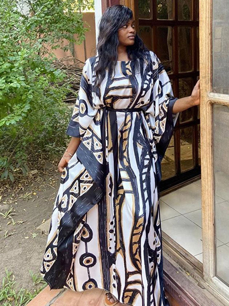Elegant Long Kaftan Printed V-neck Batwing Sleeve Street Wear Loose Maxi Dress Women Plus Size Bat sleeve Party Dress