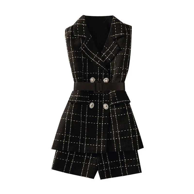 Elegant Luxury Plaid Tweed 3 Piece Sets Women Korean Shorts Suit Vintage Mid-Length Vest Jacket With Belt + Pants + Knit Sweater vest and shorts pant