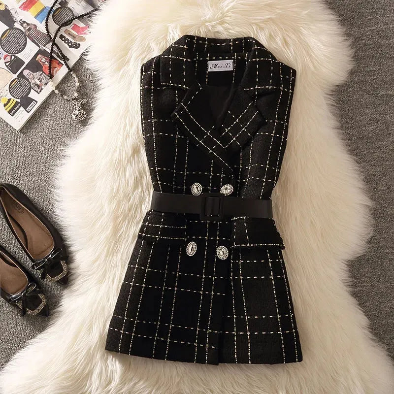 Elegant Luxury Plaid Tweed 3 Piece Sets Women Korean Shorts Suit Vintage Mid-Length Vest Jacket With Belt + Pants + Knit Sweater only vest