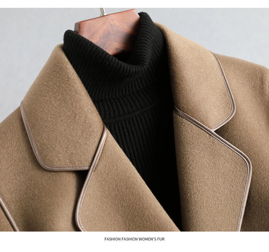 Elegant Midi Lace-up Women Wool & Blends Coats Fashion Female Classic Outwear Cardigan Autumn Winter Woolen Lady Pocket Overcoat