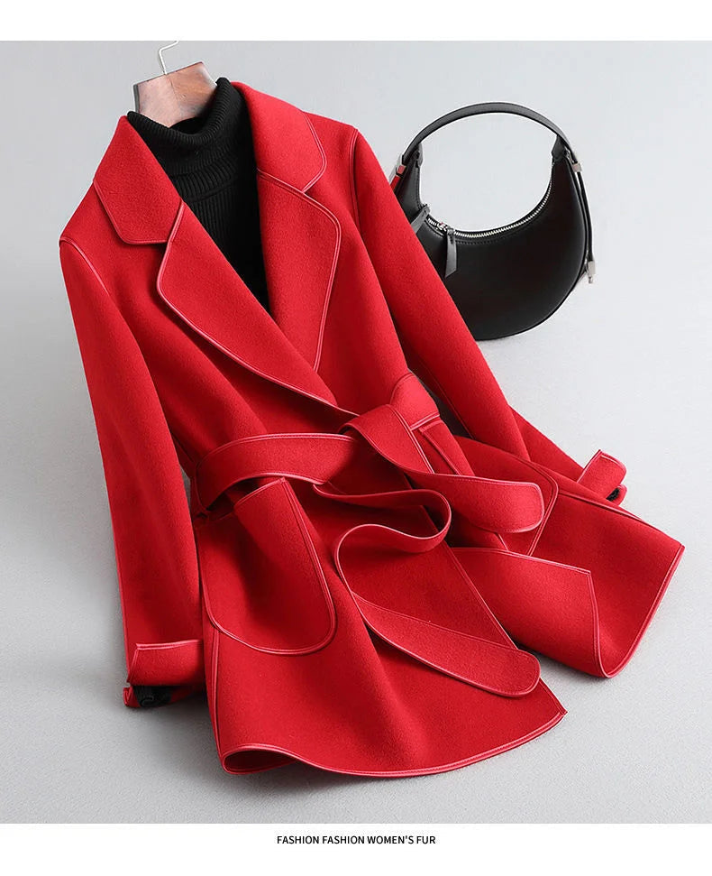 Elegant Midi Lace-up Women Wool & Blends Coats Fashion Female Classic Outwear Cardigan Autumn Winter Woolen Lady Pocket Overcoat Red