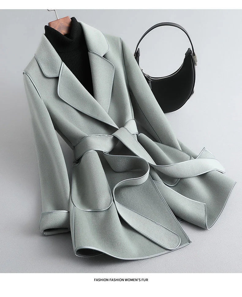 Elegant Midi Lace-up Women Wool & Blends Coats Fashion Female Classic Outwear Cardigan Autumn Winter Woolen Lady Pocket Overcoat light green