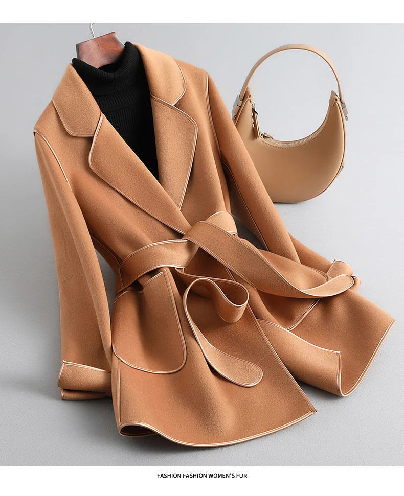 Elegant Midi Lace-up Women Wool & Blends Coats Fashion Female Classic Outwear Cardigan Autumn Winter Woolen Lady Pocket Overcoat golden camel color