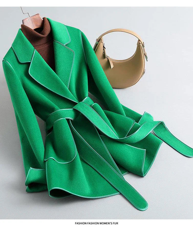 Elegant Midi Lace-up Women Wool & Blends Coats Fashion Female Classic Outwear Cardigan Autumn Winter Woolen Lady Pocket Overcoat fruit green