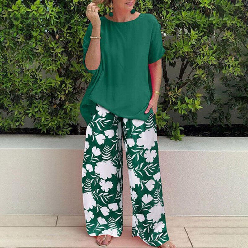 Elegant O-neck Short Sleeved Top With Print Long Pants Suit New Loose Homewear Outfit Summer Casual Streetwear 01 Green