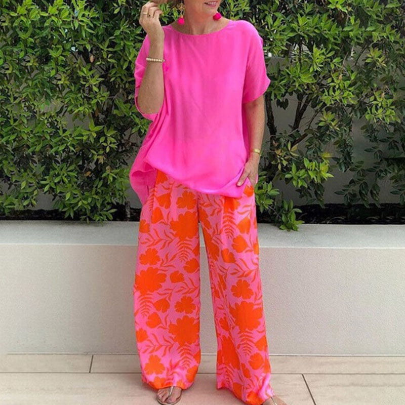 Elegant O-neck Short Sleeved Top With Print Long Pants Suit New Loose Homewear Outfit Summer Casual Streetwear 02 Pink